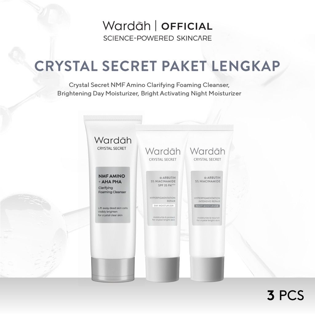 WARDAH Paket Crystal Secret Lengkap isi 3 - Foaming Cleanser - Day cream 20g - Night Cream 20g | Mem