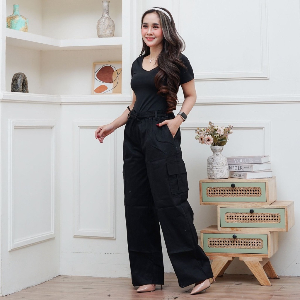 celana cargo wanita jumbo katun twill stretch