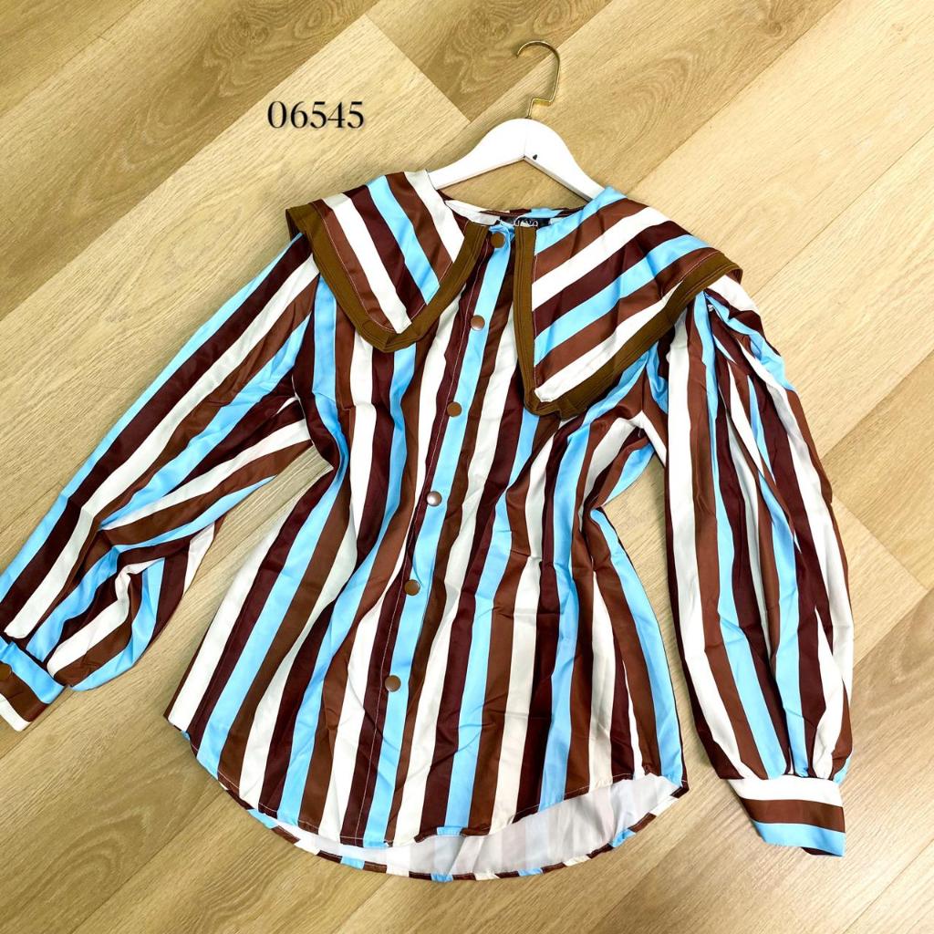 06545 BLOUSE KEMEJA MINQ OVERSIZE FULL STRIPE KOMBINASI WARNA KERAH KOREA BESAR TANGAN PANJANG PREMI
