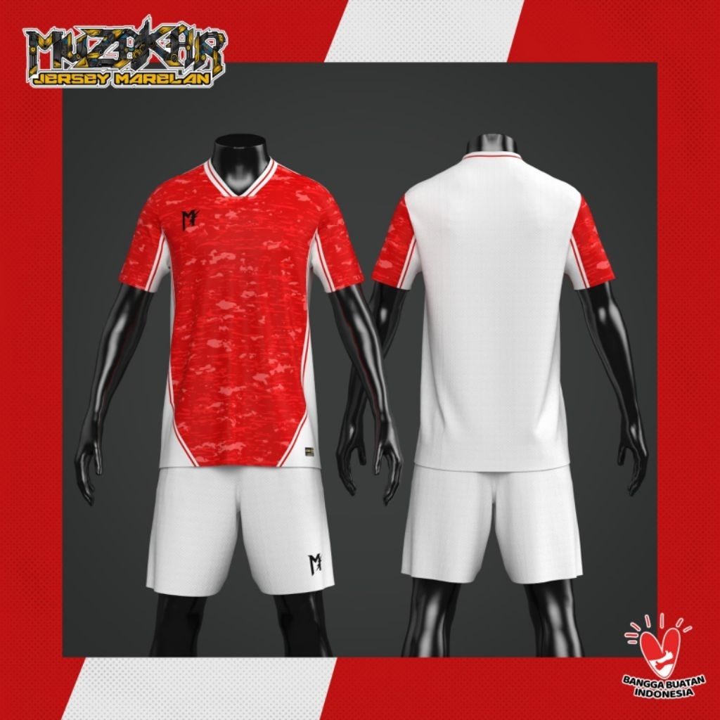 MUZAKAR Baju futsal setelan stelan Jersey premium merah motif bercak abstrak