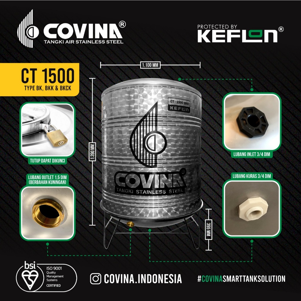 Tandon Air COVINA STAINLESS STEEL CT 1500 BK BKK BKCK Tangki Air Toren Air