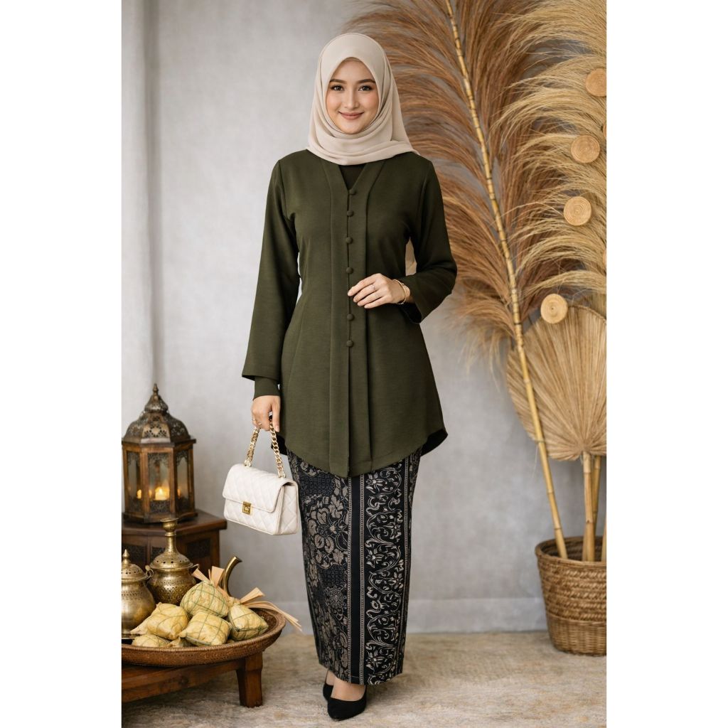 Baju Kebaya Tunik Modern Panjang Wanita Muslimah Polos Melar Kancing Depan Kebaya Lebaran Idul Fitri