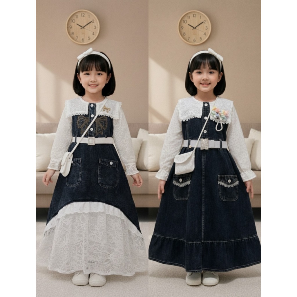 Dress Anak Bahan Denim Jeans Snow Black Mix Kerah Brukat FREE Tas & Belt / Gamis Anak Perempuan Usia