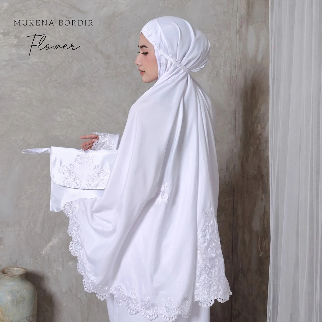 Mukena Dewasa Putih Polos Renda Bordir Katun Mikro