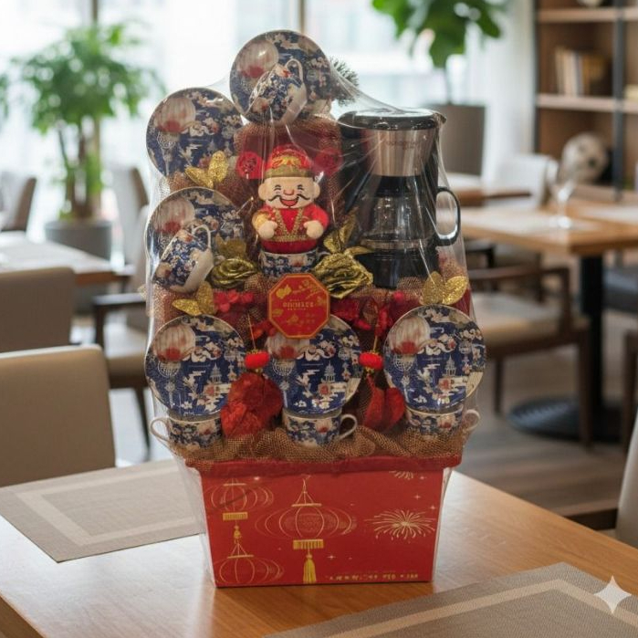 Parcel Tea Set Imlek + Coffee Maker Motif Pagoda Biru /  Parcel Hampers Tahun Baru Imlek /  Hampers 