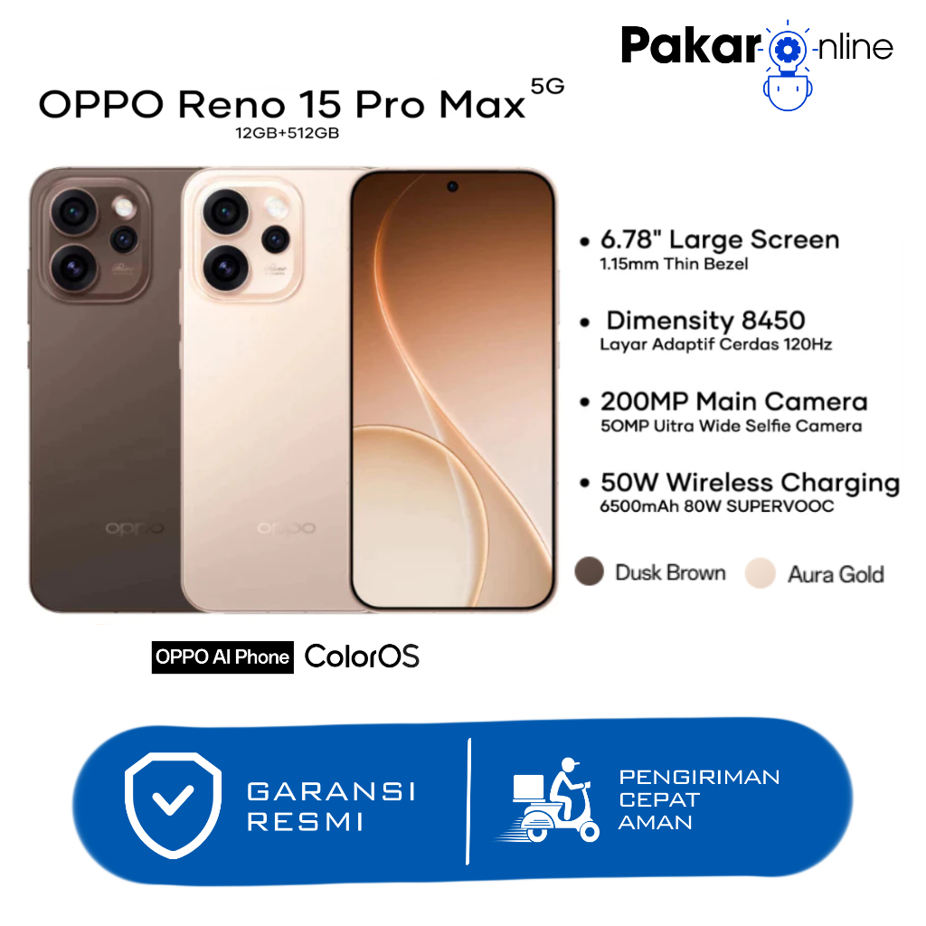 OPPO Reno 15 Pro Max 5G 12/512GB Kamera 200MP 12/512GB HP Terbaru 2026