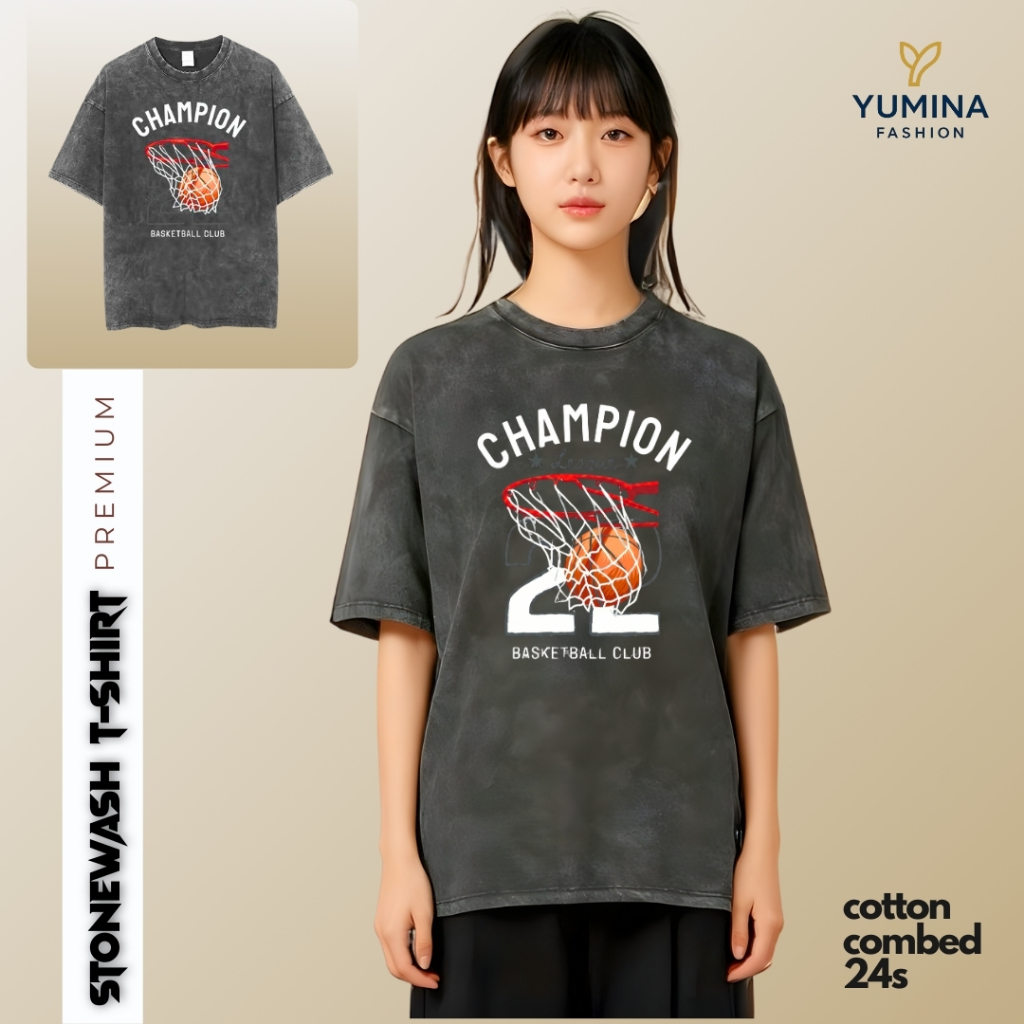 "22 CHAMPION" Tshirt Oversized  WASH VINTAGE Kaos SNOW Kaos Wash Unisex