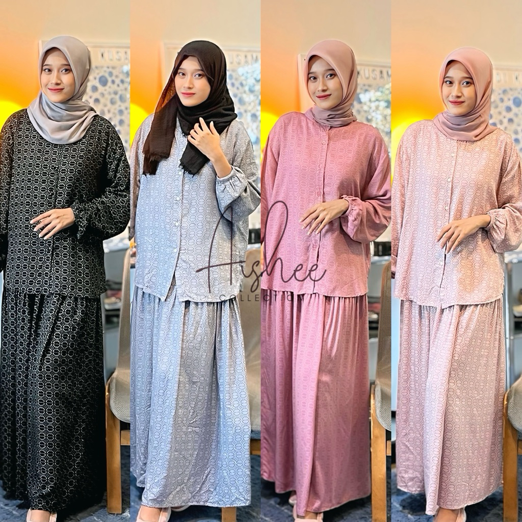 Aishee Mecca One Set Rok | Setelan Wanita Rayon Premium Adem Nyaman | Kemeja Kerah Shanghai Full Kan
