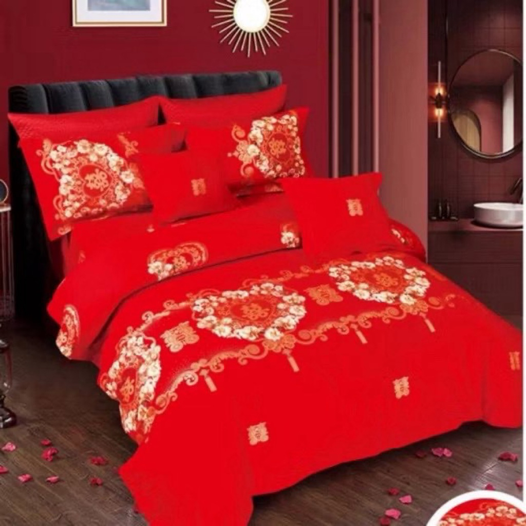 BIOSIBEDDING Sprei Katun Jepang Motif Love Merah Wedding Gold Kuning Custom Rumbai Rempel Tempahan M