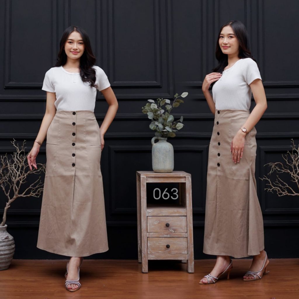 Rok Panjang Wanita Button Front Beige - Model Stylish & Elegan