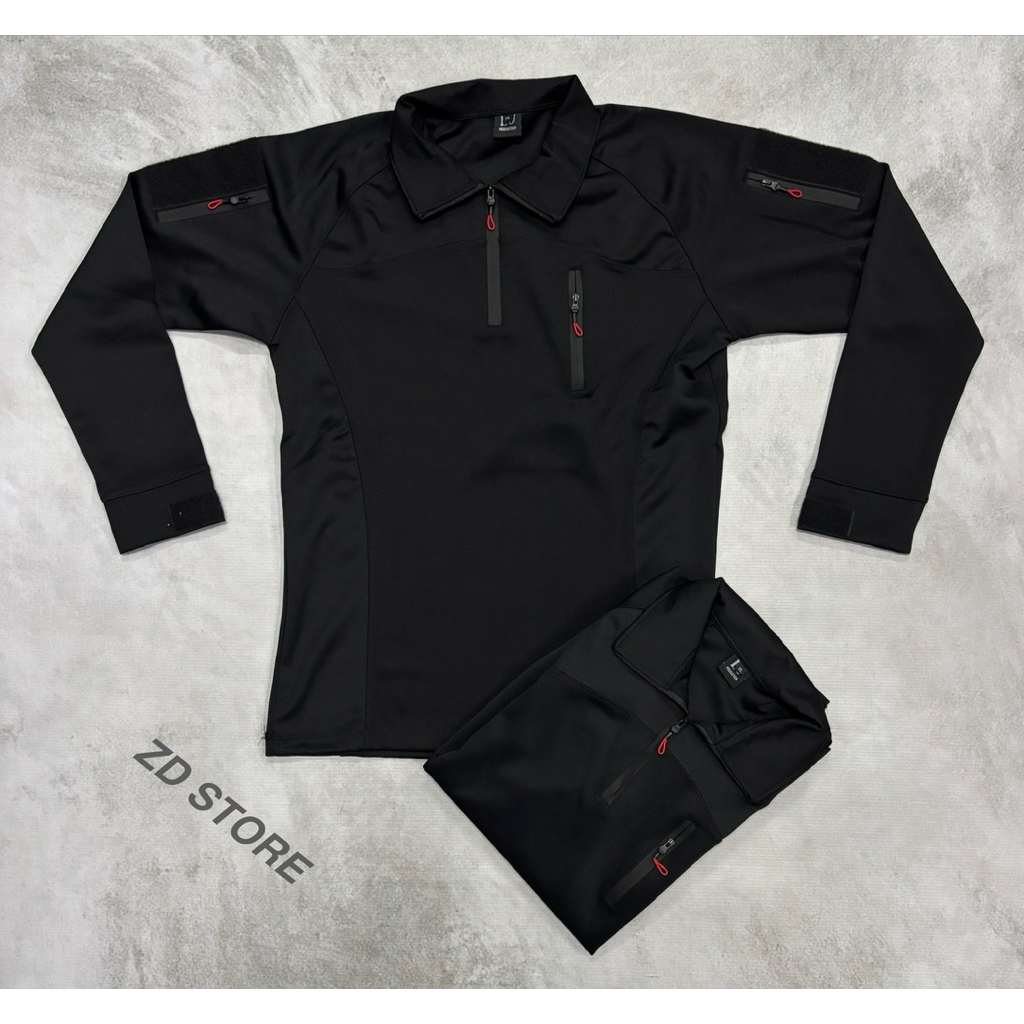 Kaos BDU Tactical Scuba Panjang Hitam Resleting Merah/Baju Scuba Panjang Hitam