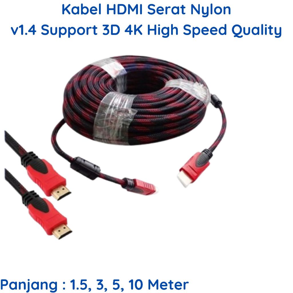 Kabel HDMI 1,5m 3m 5m 10m Ver 1.4 High Quality Gold Plated Cable Serat Nilon Nylon HDTV AV Male to M