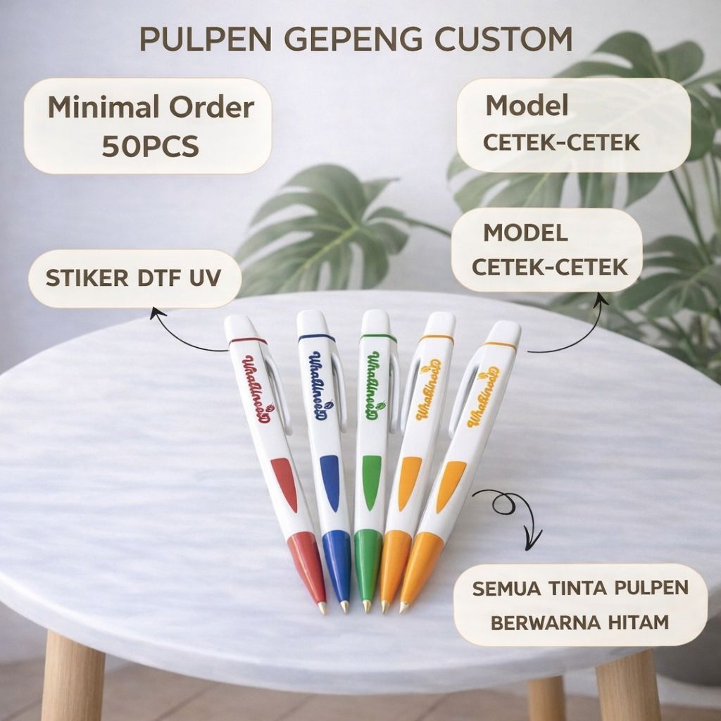 Ballpoint Pena Pulpen Gepeng Custom Nama/Logo Stiker DTF UV Free Desain Acara Souvenir Kantor Pernik