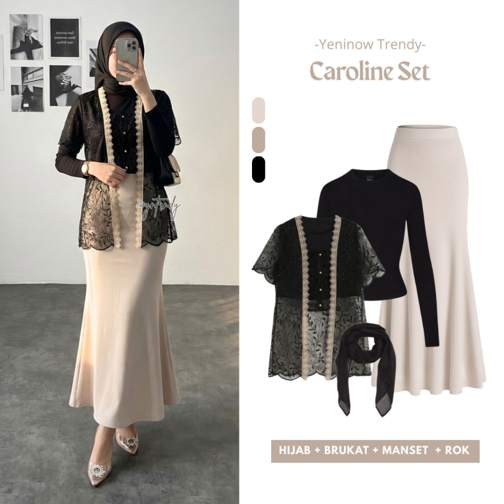 Caroline One Set Brukat Simple Elegan (Outer Brokat, Manset, Rok Duyung, Hijab) Setelan Wanita Outfi