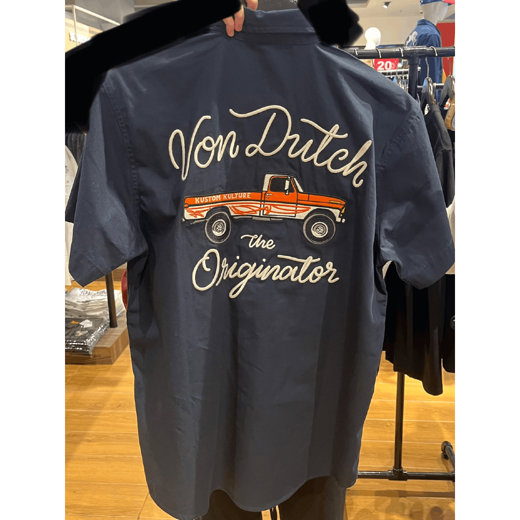 VON DUTCH Workshirt Baby Canvas Lengan Pendek Bordir Depan Belakang Navy Blue XXL