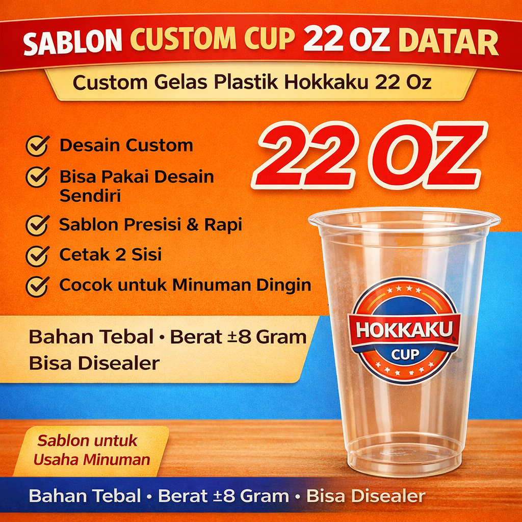 Sablon Cup 22 OZ Datar Merk Hokkaku tebal 8 gram, custom cup 22 oz, sablon custom gelas Plastik 22 o