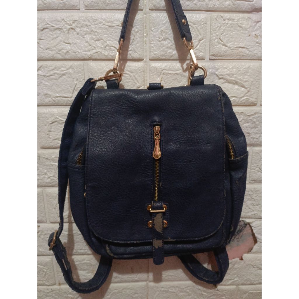 Preloved Tas Ransel Kulit Navy Cewek Riject Original Om*R Sharif Paris