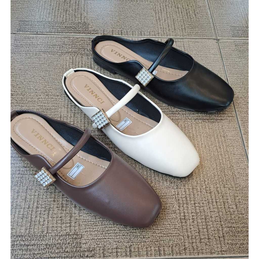 KDS | VNC Flatsoes Brand Lokal Wanita Sandal Vinnci Mary Jane Mules Sandal Selop Vinnci Permata Flat