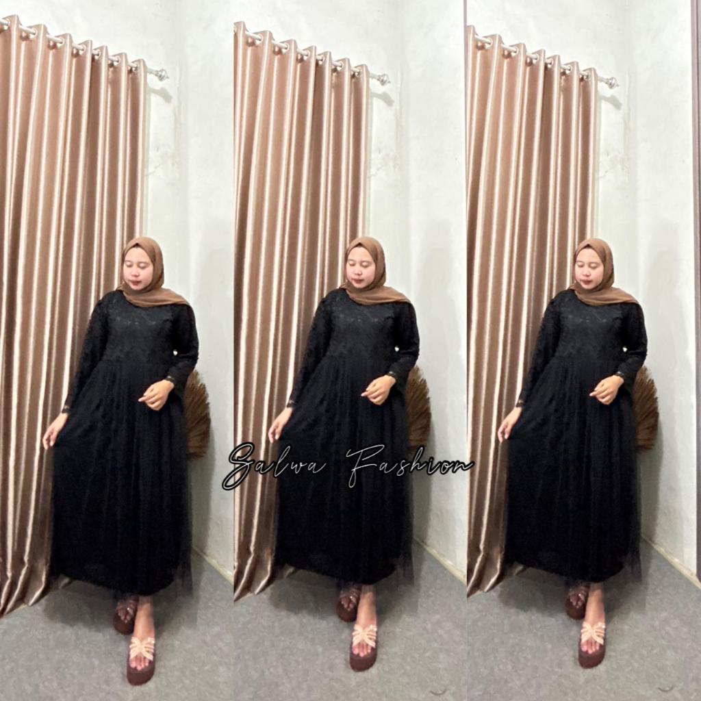 Gamis Brukat tile wanita warna hitam dress pesta kekinian baju kondangan seragam remaja dewasa