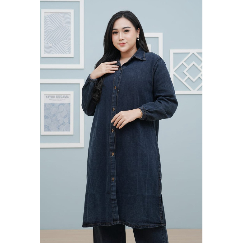 JAMIE SET JEANS Setelan Jeans Tunik Wanita Lengan panjang Set Atasan Tunik dan Celana Denim Casual S