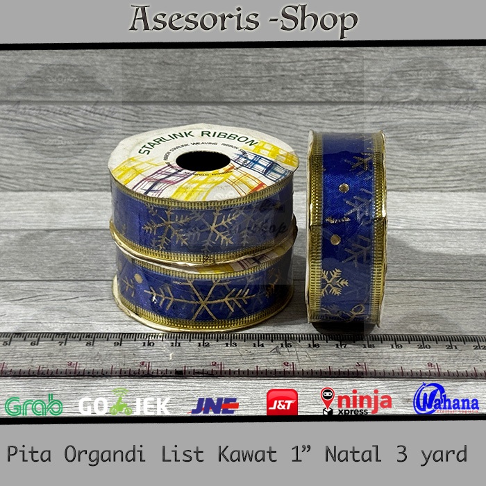 Pita Organdi Natal | Pita List Kawat Natal | Pita Organdi List Kawat Motif Natal 1 inch 3 yards | Pi