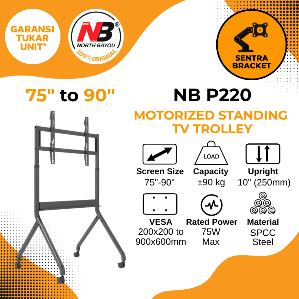 North Bayou NB P220 Motorized Flexible Standing TV Trolley 75" to 90" Untuk Display TV LCD LED OLED