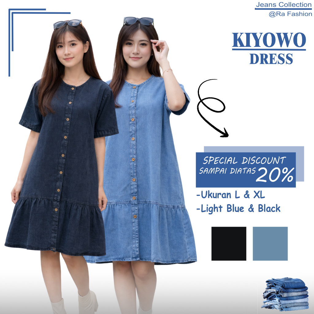Dress Jeans Wanita Kiyowo | Midi Kekinian | Baju Wanita Casual | L XL | Hitam & Light Blue