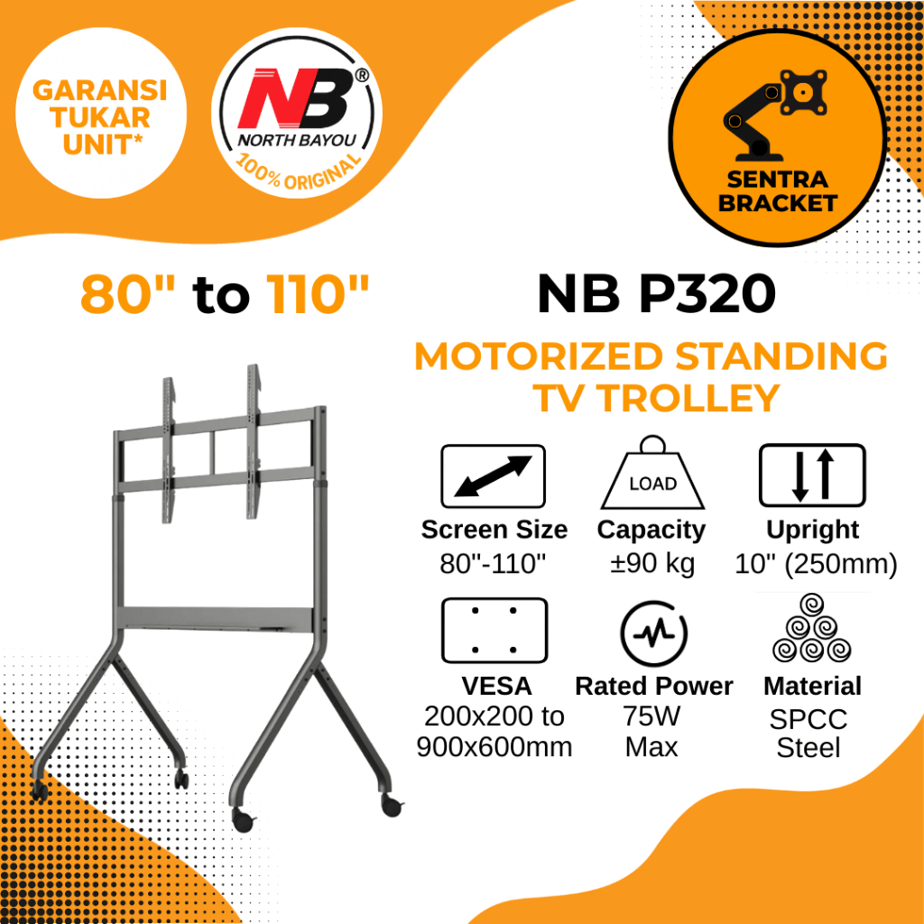 North Bayou NB P320 Motorized Flexible Standing TV Trolley 80" to 110" Untuk Display TV LCD LED OLED
