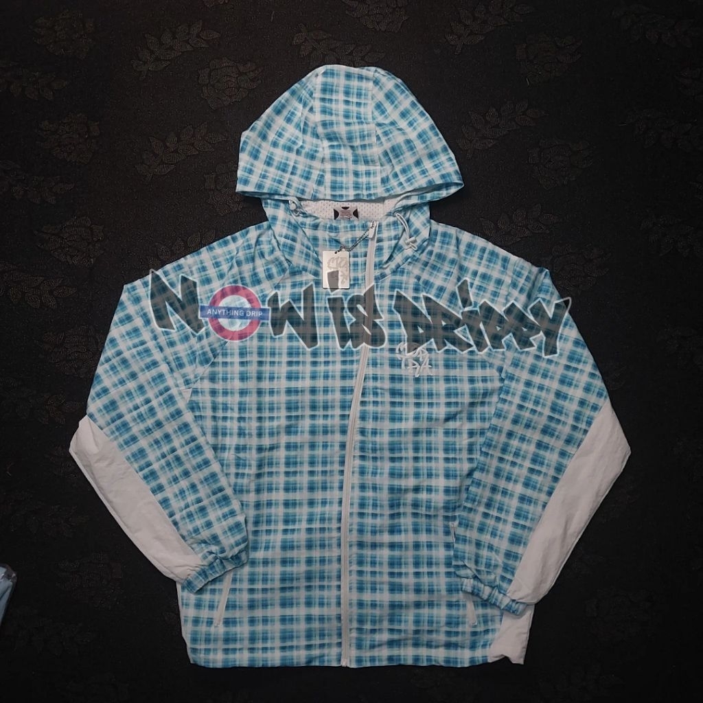 MERTRA ASYMMETRICAL PLAID HOODIE BLUE GREEN WINDBREAKER