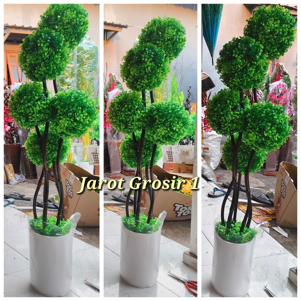 BUNGA PLASTIK + POT BATU & RUMPUT // BUNGA HIAS BOLA ULIR VAS PLASTIK // BUNGA HIAS BOLA BOLA IMPORT