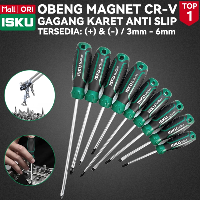 ISKU Obeng Magnet Satuan Plus Minus Kembang Gepeng Obeng CR-V Anti Slek Gagang Karet Anti Slip Alat 