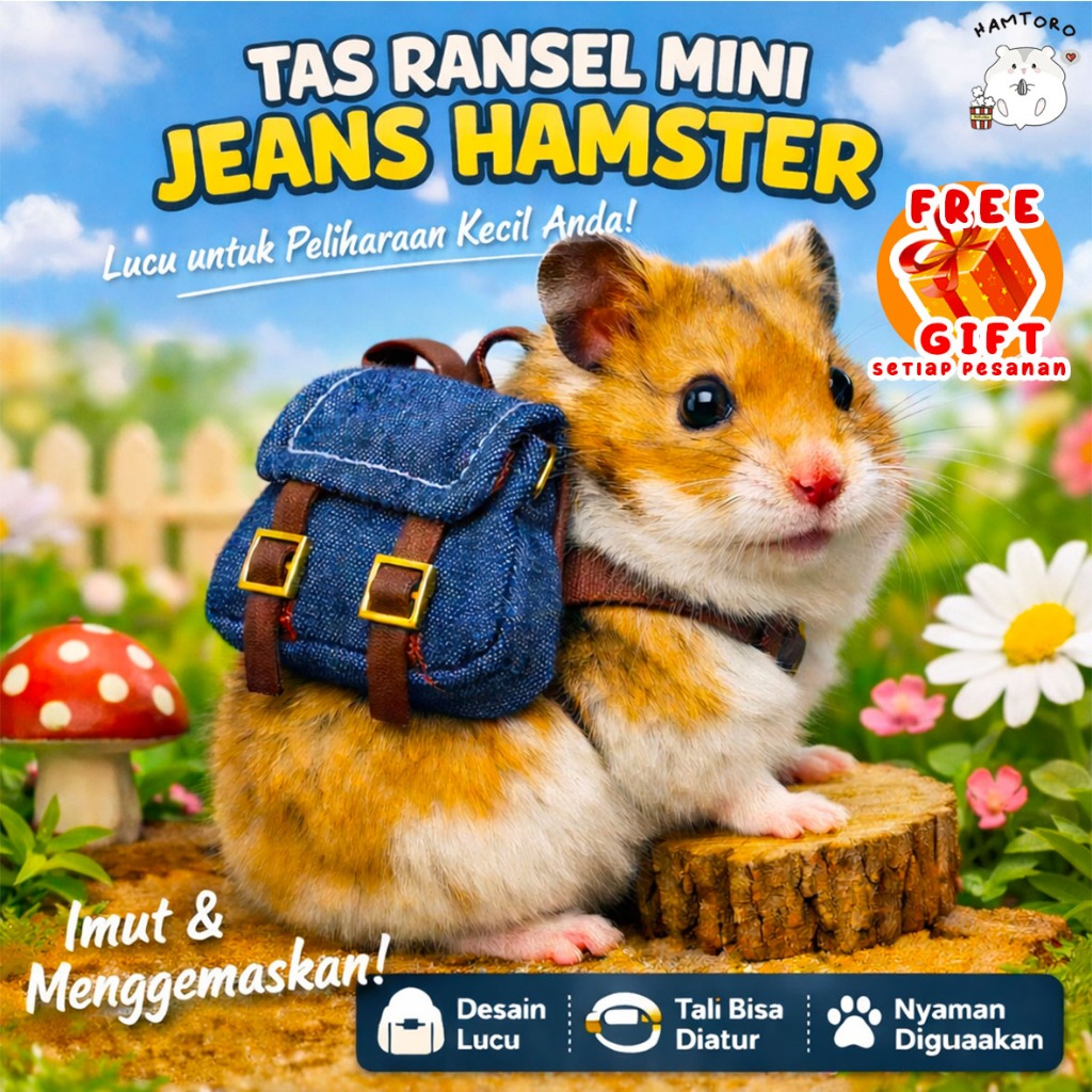 Hamtoro Tas Ransel Mini Hamster | Backpack Jeans Lucu | Aksesoris Foto Hewan Kecil + FREE GIFT