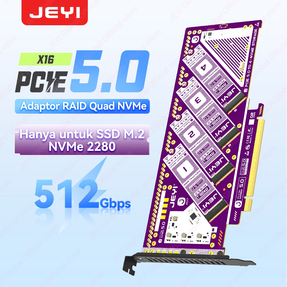 JEYI Kartu Ekspansi Quad M.2 PCIe 5.0 X16 - Adapter RAID 0/1/5/JBOD NVMe 4-Bay Kecepatan 512Gb/s 8TB