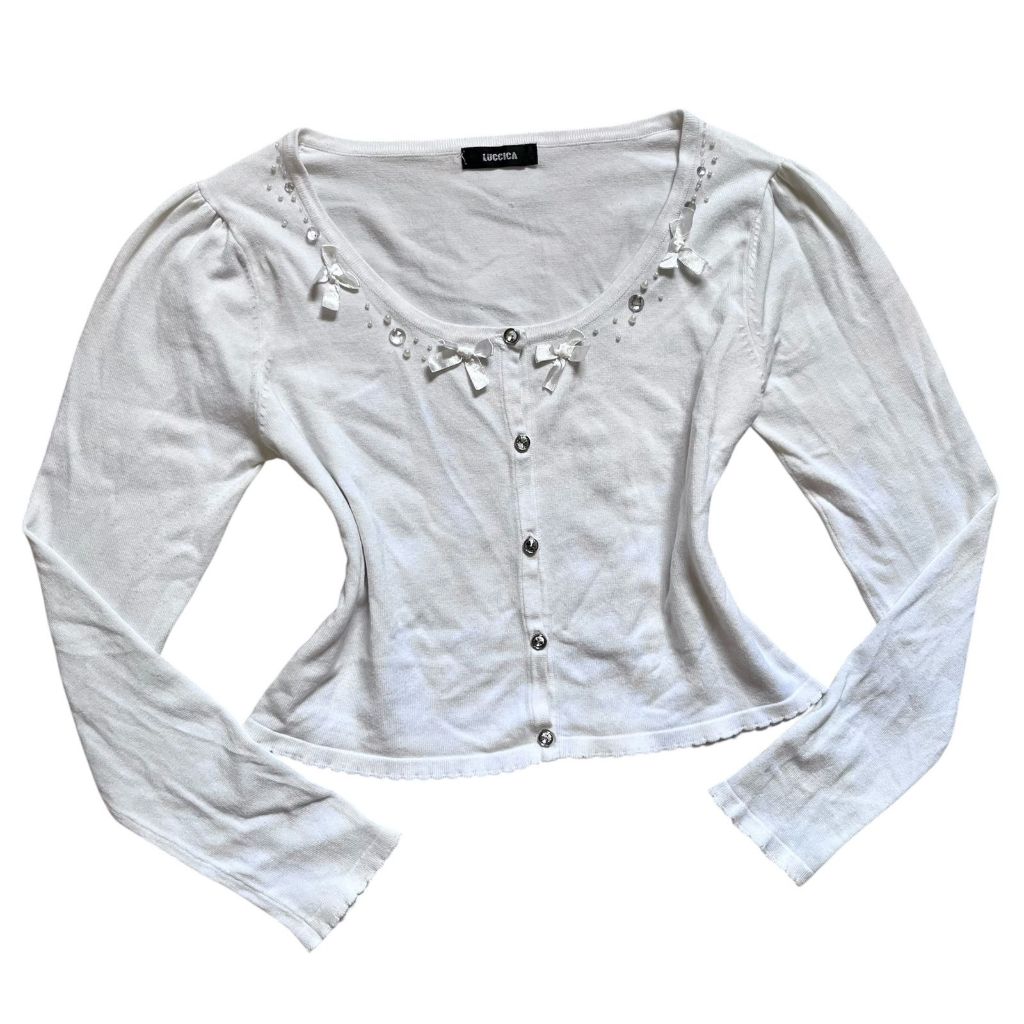 Beaded Ribbon Pointelle Soft Knit Puffy Longsleeve Crop Buttoned Up Top | rajut scallop coquette cot