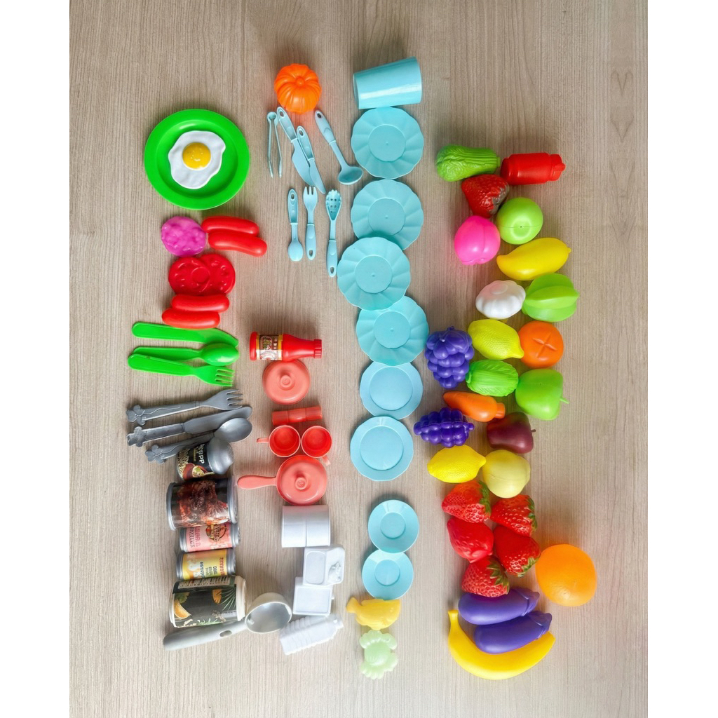 Mainan Masak Masakan SUPER BANYAK (50+ Pcs) - Buah Sayur, Piring & Alat Makan Lengkap (Preloved Good