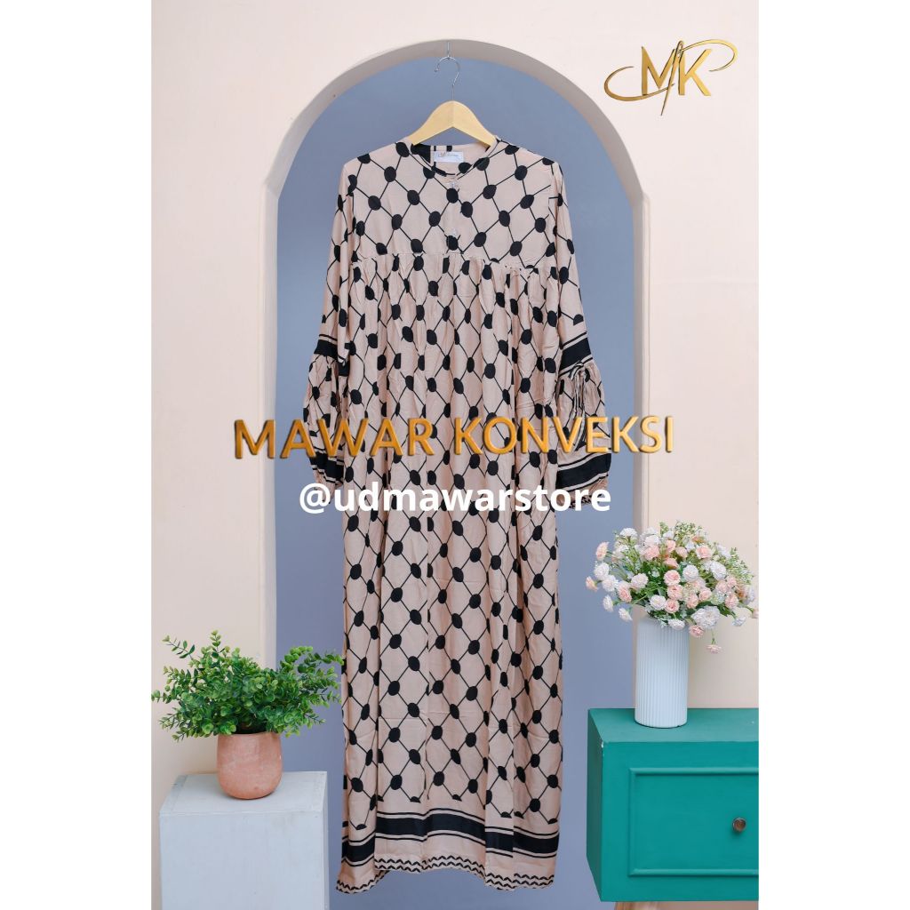 Gamis Home Dress Rayon Viscose Busui Motif Etnik Tangan Balon Zipper LD 130cm