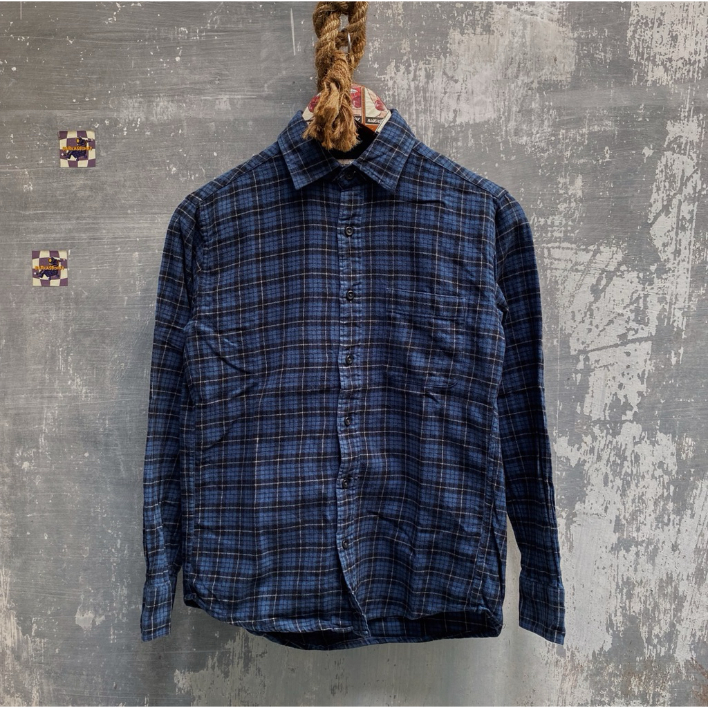 PL kemeja flanel pria uni uni biru - hitam