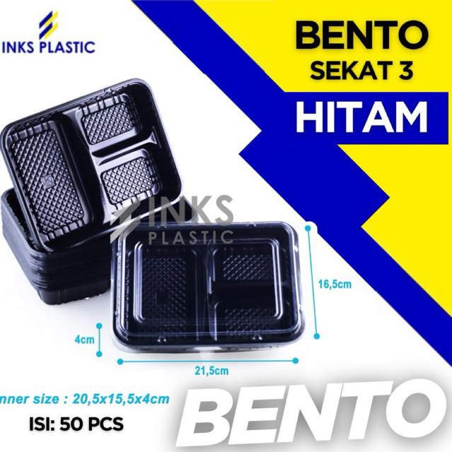 MIKA TRAY BENTO HITAM SEKAT 3 BOX NASI KATERING SUSHI