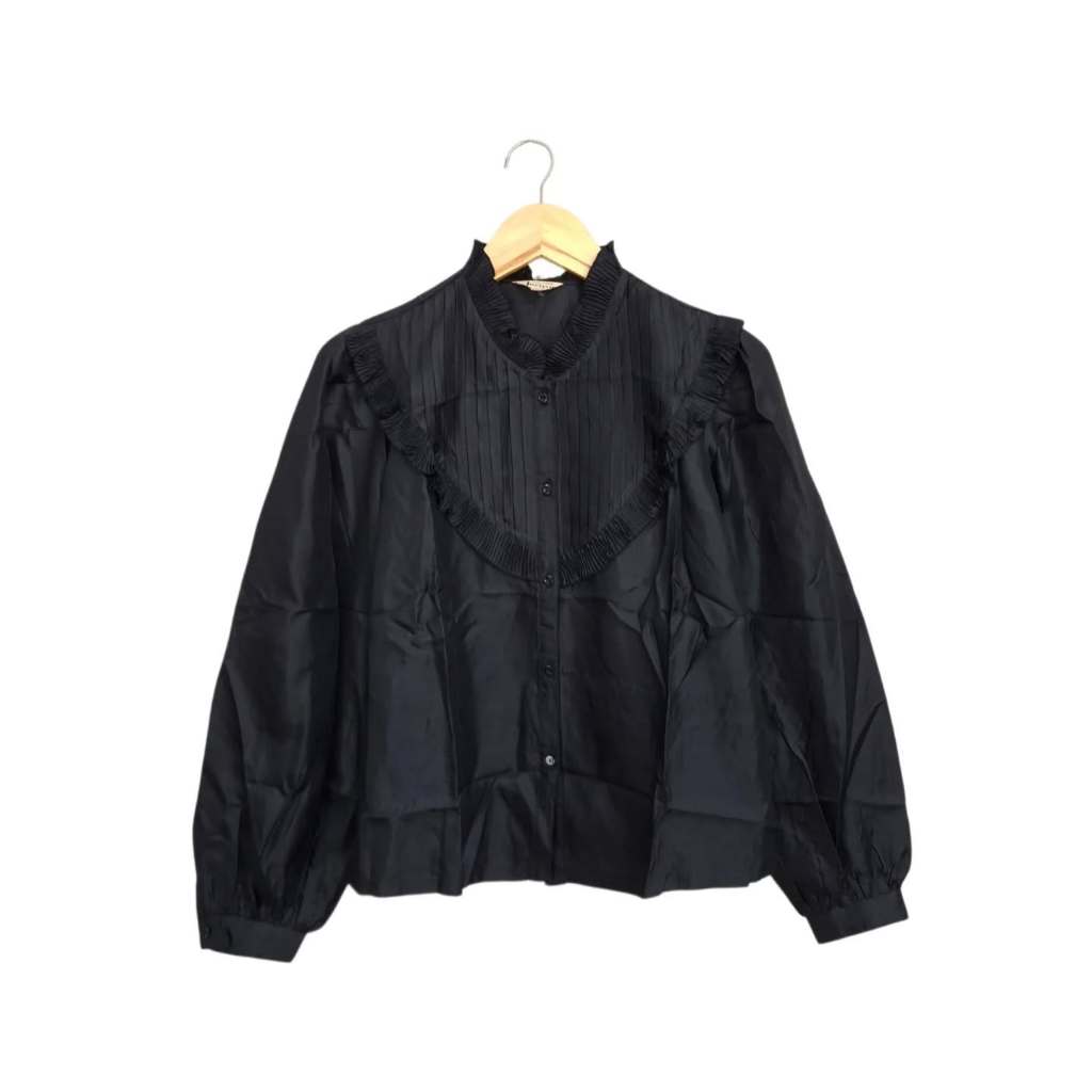 Kemeja Silk Satin Ruffle Hitam (KODE : B133- 07)