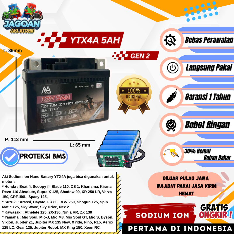 NANO BATTERY Aki Motor Sodium Ion 12V 5AH YTX4A / GTZ5S / Aki BEAT SUPRA X 125 MIO FINO VIXION BYSON