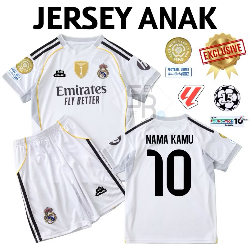 KIDS Jersey Real Madrid Home 2025 2026 - Jersey Anak Madrid Grade Original