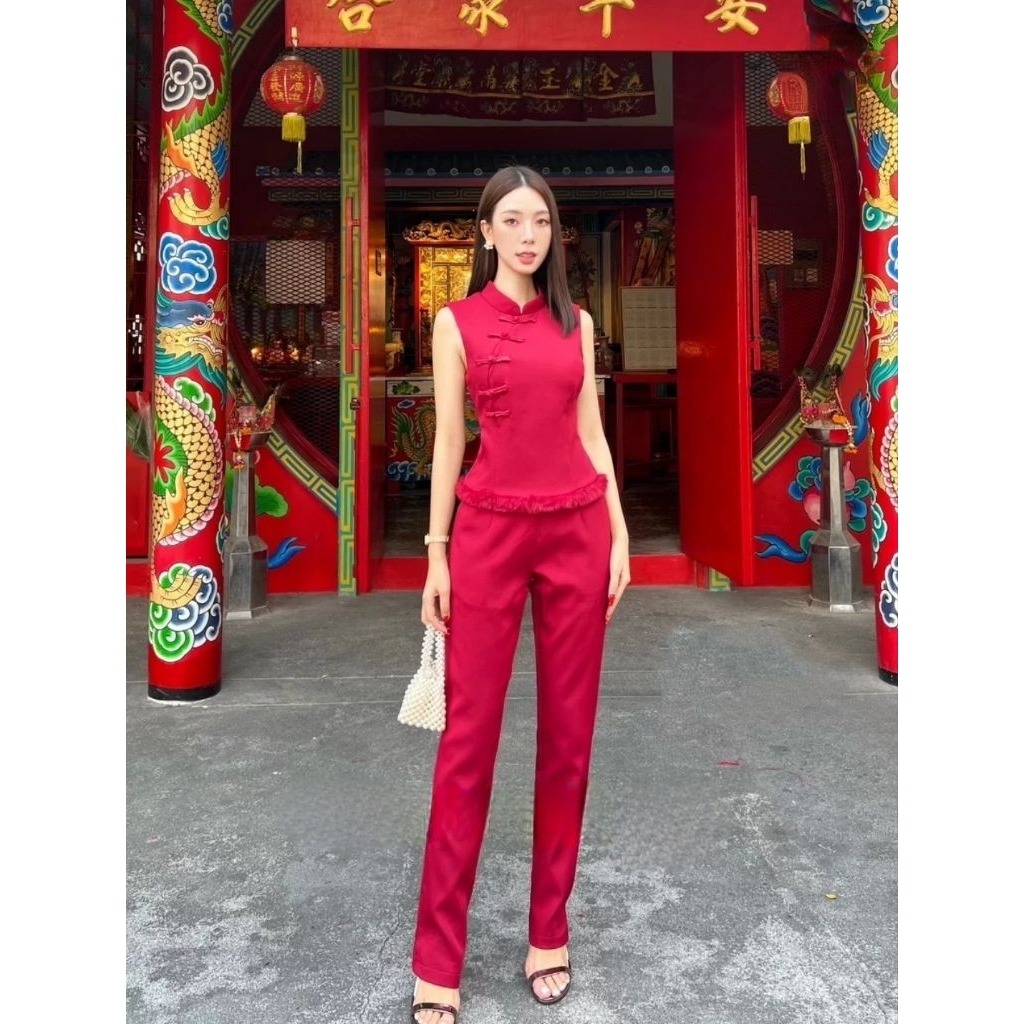 cheongsam set sleeveless top pants Fur tassel red maroon merah sister orang tua mom mama mertua pare