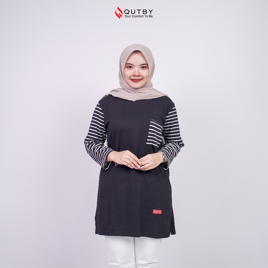 QUTBY - TUNIK SALUR WANITA GARIS STRIPE KATUN ADEM / BAJU KAOS TUNIK CEWEK PEREMPUAN UKURAN OVERSIZE