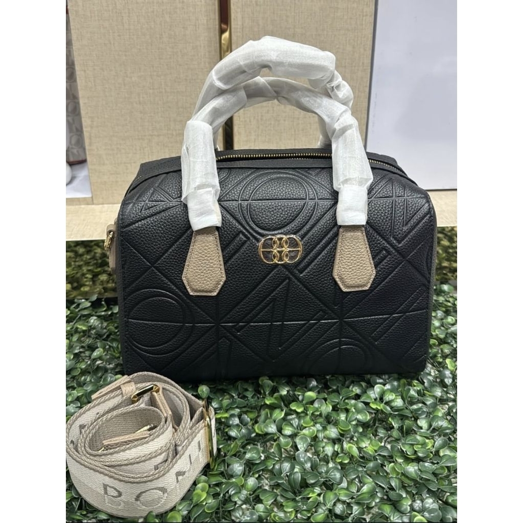 tas boston bonia original speedy hitam emboss tali lebar