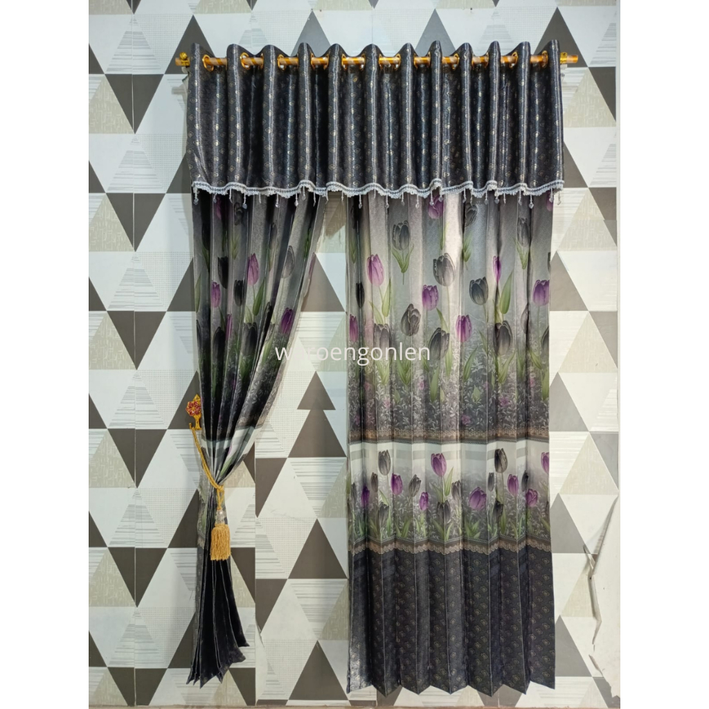 Gorden Blackout Premium/ gorden Motif Tulip Model Poni pisah Jendela & Pintu Mewah Gold