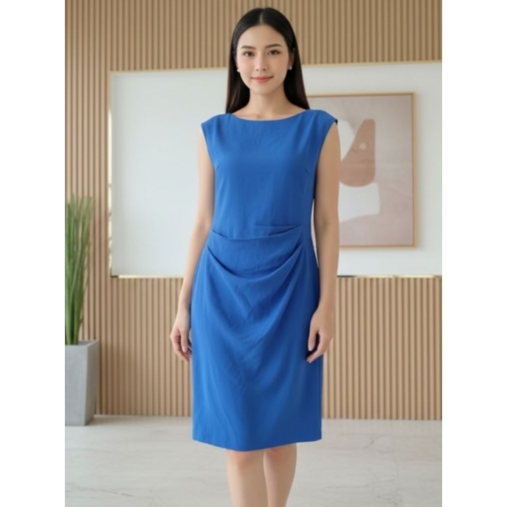 dress wanita preloved biru baju kantor seragam