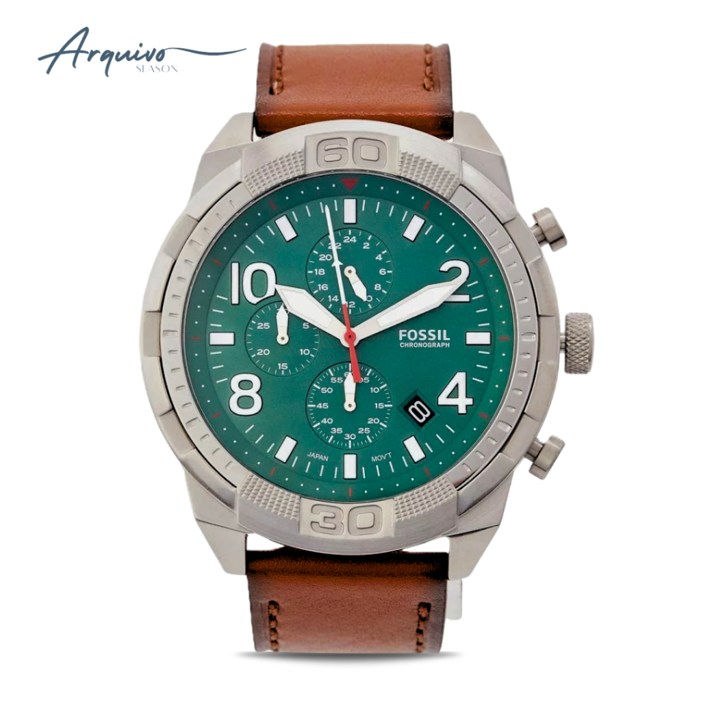 Jam Tangan Fossil Pria Bronson Chronograph Kulit Brown Dial Green Sporty Casual Original FS5738
