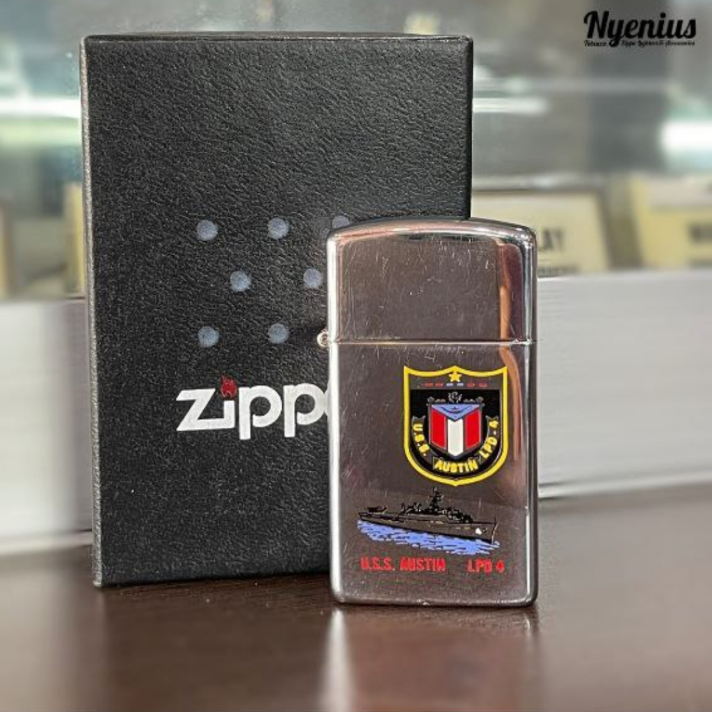 Zippo Slim USS Austin LPD 4, High Polish CHrome, 1983
