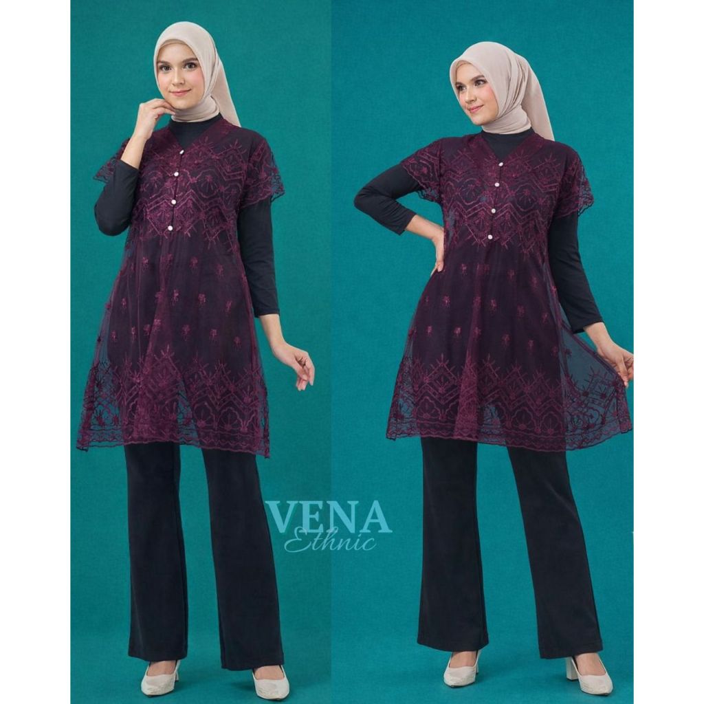 Bianca Outer Brokat Mahogany Burgundy – Outer Wanita Muslimah Tunik Bordir Elegan & Mewah
