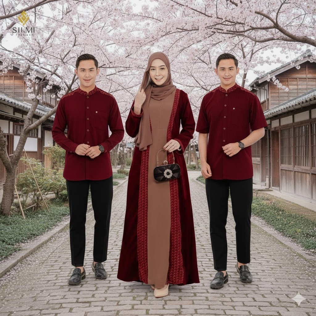 SARIMBIT COUPLE LEBARAN YUMNA FAMILY MAROON BY SILMI FASHION OUTFIT LEBARAN HARI RAYA 2026 WARNA MAR
